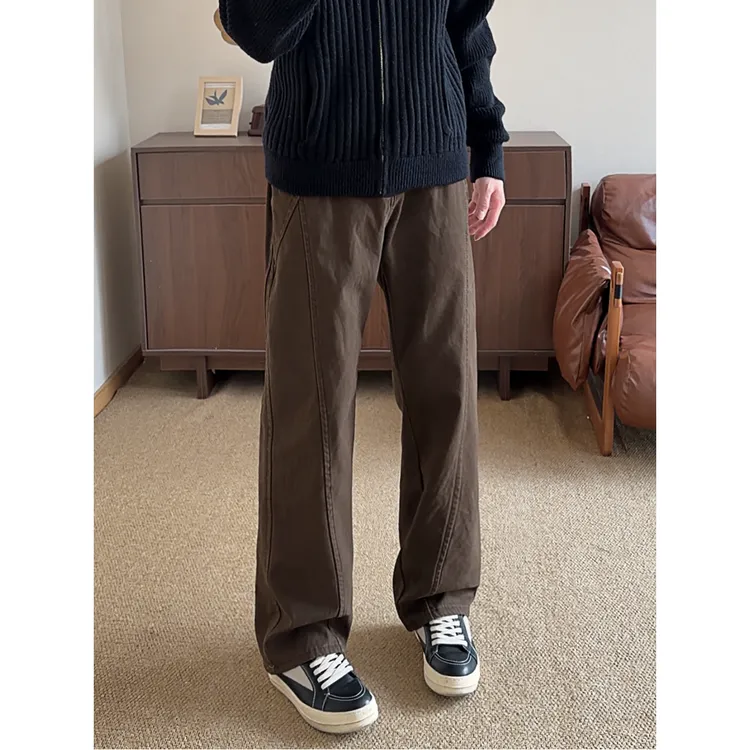 美拉德斜切加绒牛仔裤男冬季高街vibe裤子直筒修身美式弯刀微喇裤