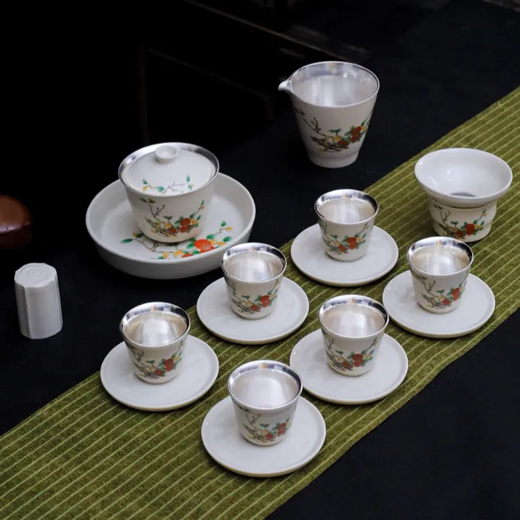复古手工鎏银草木灰茶具套装家用陶瓷功夫泡茶盖碗高档送礼礼盒装