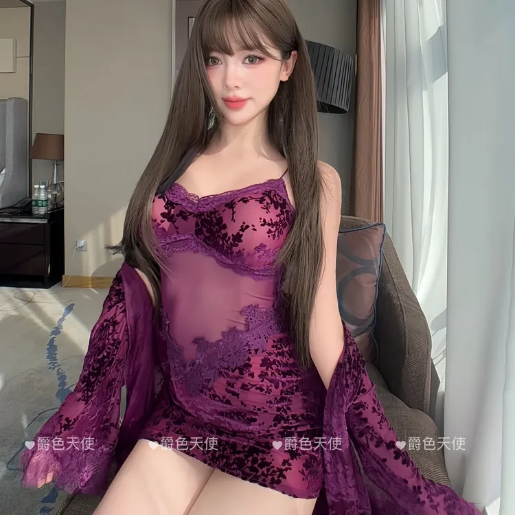 【黑白秘境】（80-180斤）修身显身材烧花面料吊带睡裙可拆卸胸垫睡衣商品图