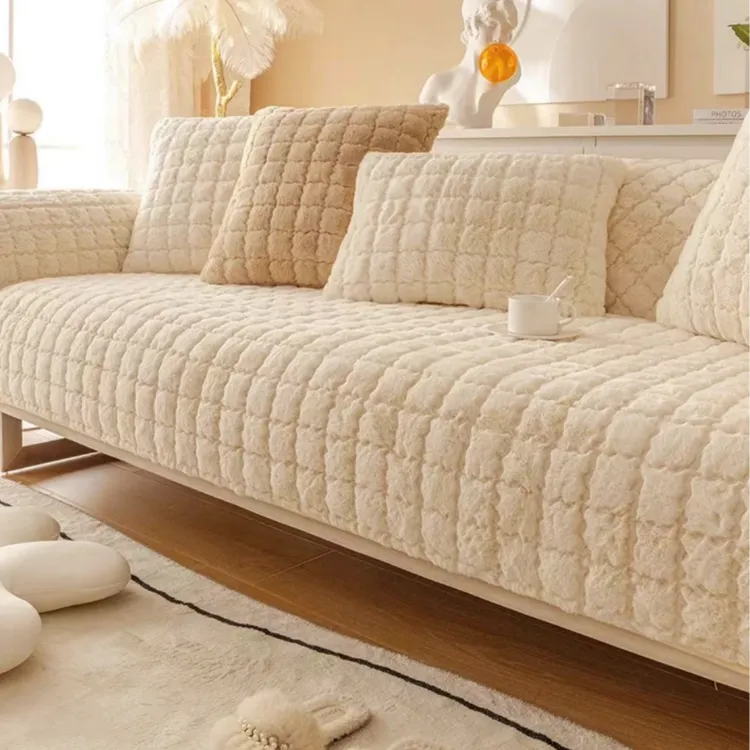 冬季纯色毛绒加厚沙发垫防滑法莱绒坐垫靠背扶手通用款