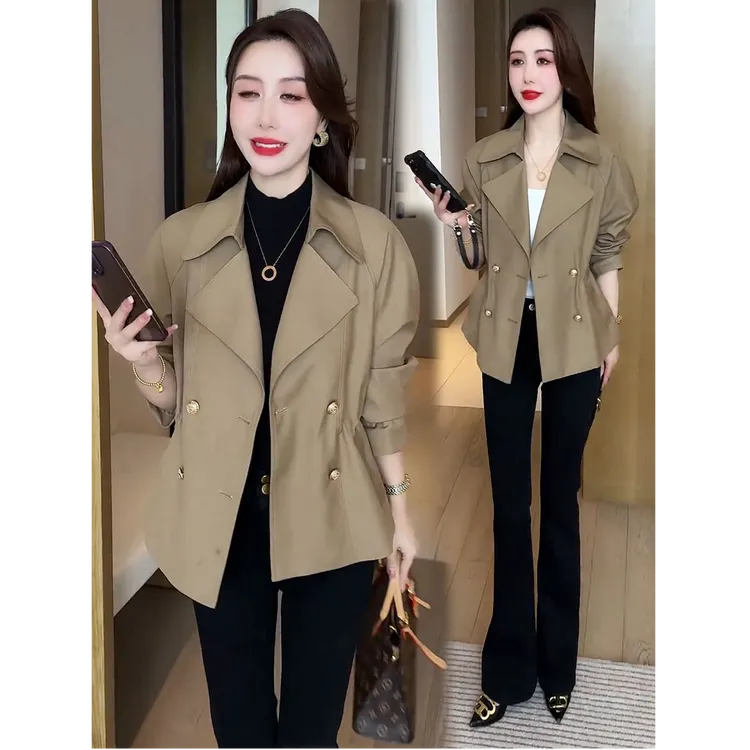 风衣短外套女2025秋季新款时髦洋气抽绳收腰小个子短款双排扣上衣