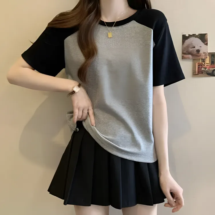 2025新款微胖显瘦拼色短袖棉T恤女插肩袖圆领百搭上衣内搭打底衫