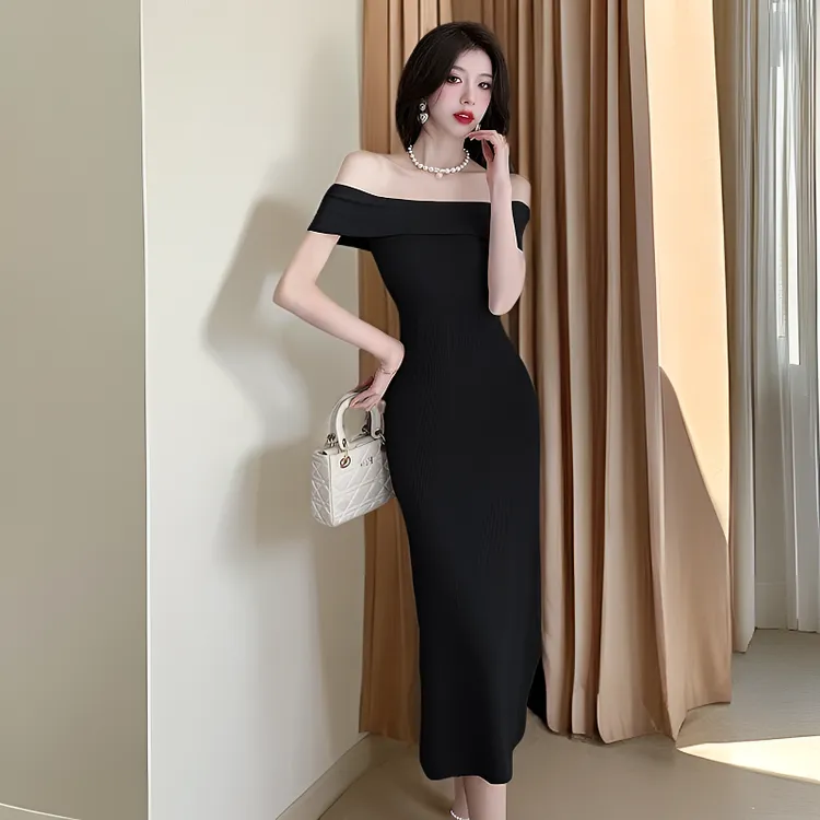 夏季新款纯欲风性感露肩一字领高腰修身显瘦开叉长款针织包臀裙女