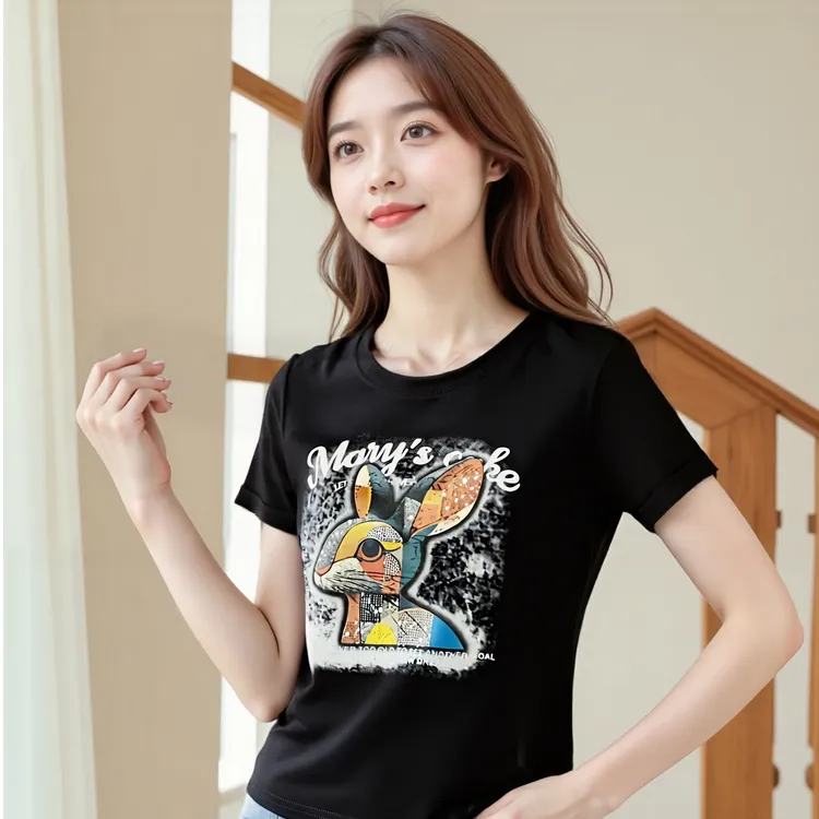 【七彩兔子】5003#夏季新款短袖T恤女烫钻运化宽松圆领百搭