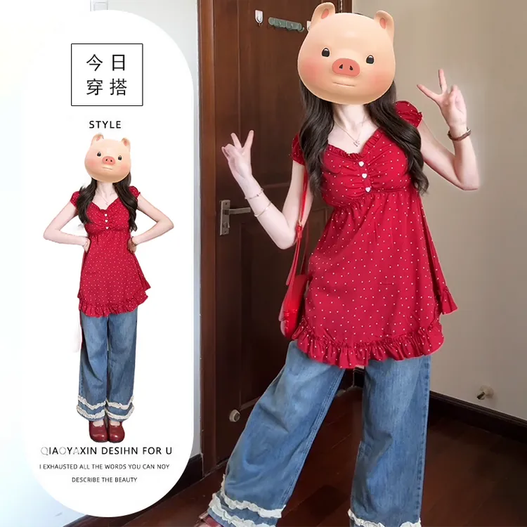 波点雪纺松紧修身大领短袖上衣小裙女垂感设计感蕾丝拼接高腰阔腿