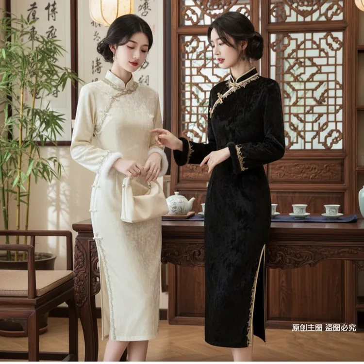 【语嫣】冬季少女小个款加绒保暖复古新中式旗袍优雅显瘦日常连衣裙