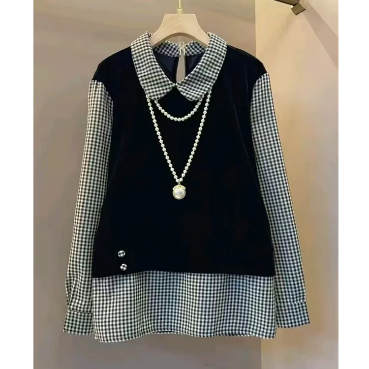 8923（丹姐家）韩版拼接假两件气质衬衫胖妹妹小众独特显瘦上衣