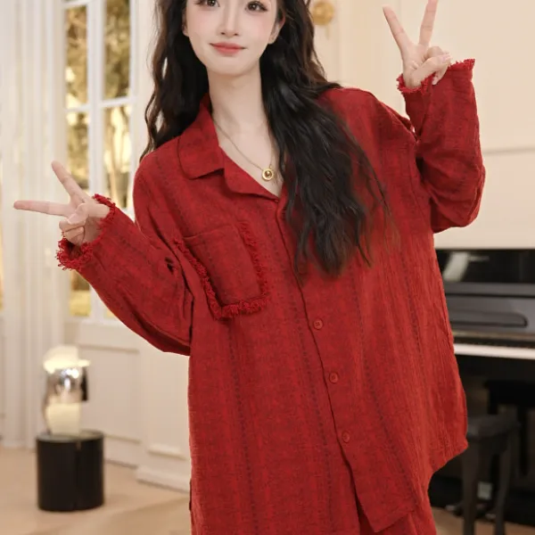 VINEEMAN【枫红晚眠】薄款长裤睡衣秋季高级女士宽松透气长袖松紧带