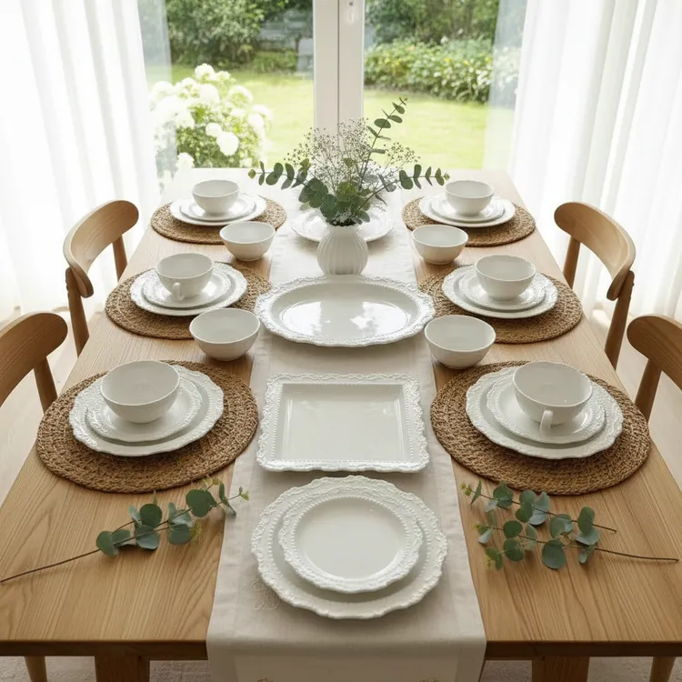 欧式复古风纯白色陶瓷29件6人套装 杯碟 汤饭碗餐盘 大盘鸡盘