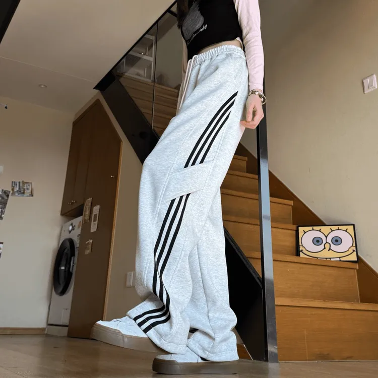 美式条纹运动卫裤cleanfit高街裤子宽松休闲直筒阔腿长裤子