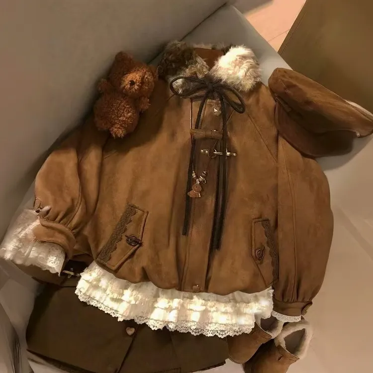 蝴蝶结毛领鹿皮绒棉服女冬季夹棉加厚保暖复古vintage宽松苞外套