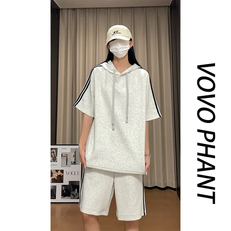 VOVO套装男2025夏季新款条纹连帽短袖短裤宽松百搭运动休闲两件套