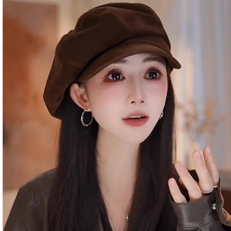 显脸小八角贝雷帽秋冬绒面新款大头围网红高级感时尚气质韩版帽子