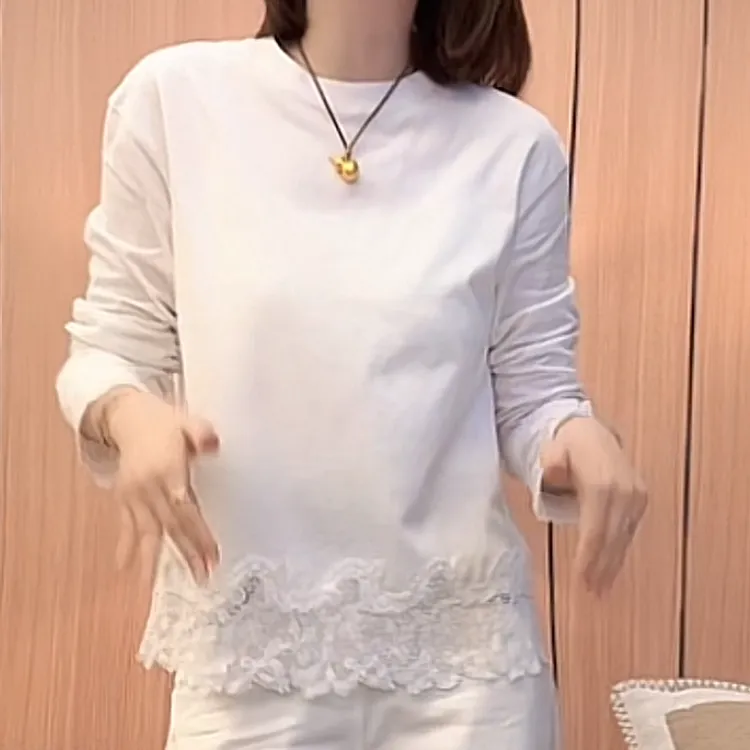 设计感拼接蕾丝长袖T恤女2025季夏新款百搭宽松显瘦白色圆领上衣