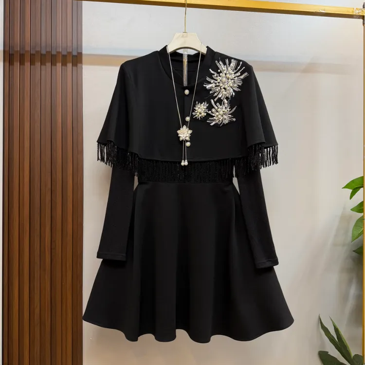 新款大码女装时尚洋气重工钉珠外搭十连衣裙两件套套装