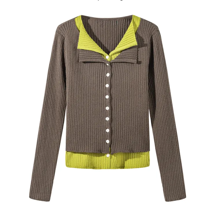 韩系设计感假两件翻领长袖针织衫女装早秋超好看单穿上衣I2-58