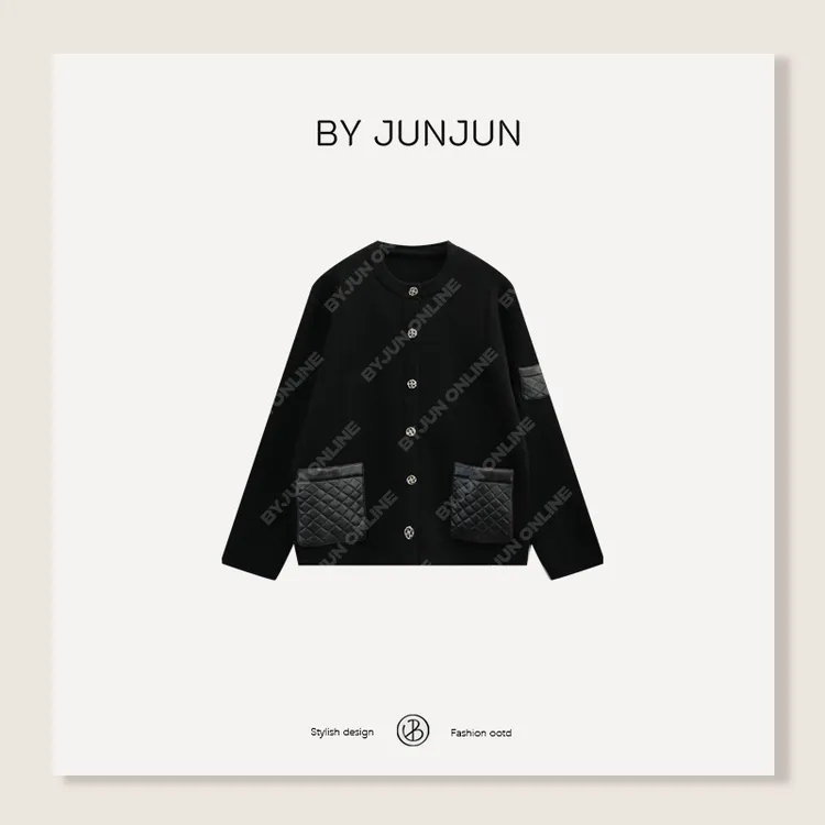 ByJunjun 大都会 拼皮口袋针织开衫冬季保暖显瘦外套