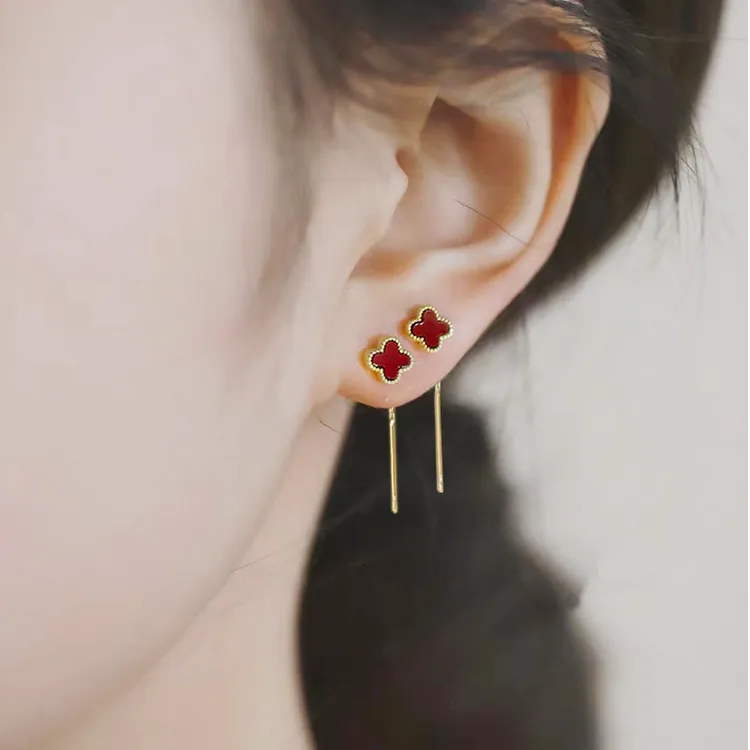 铜合金耳饰 925银针红色迷你花朵耳线女气质高级感流苏耳环耳饰潮