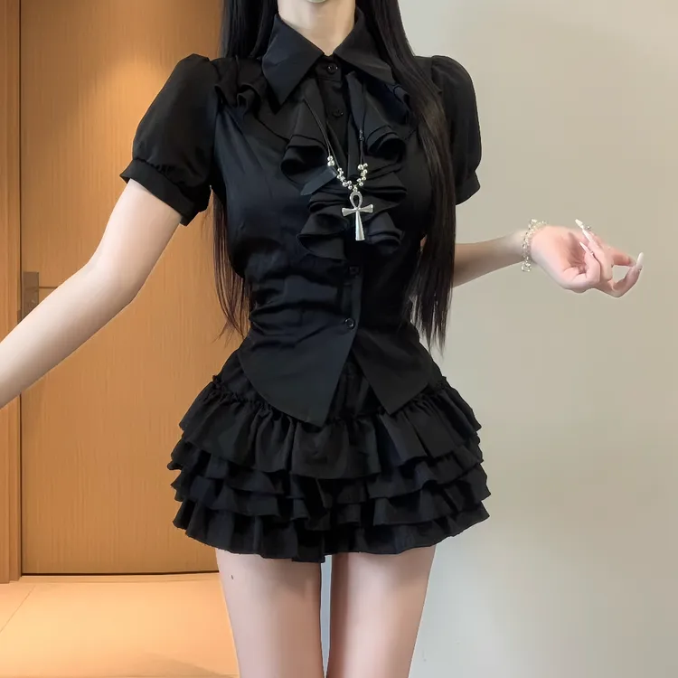 iqcq气球熊秋季新款设计感宫廷风泡泡袖衬衫蓬蓬蛋糕裙套装