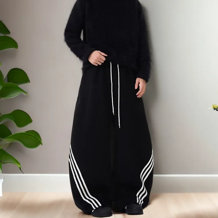 黑色美式休闲卫裤女秋冬季新款斜杠条纹运动裤子直筒阔腿情侣长裤