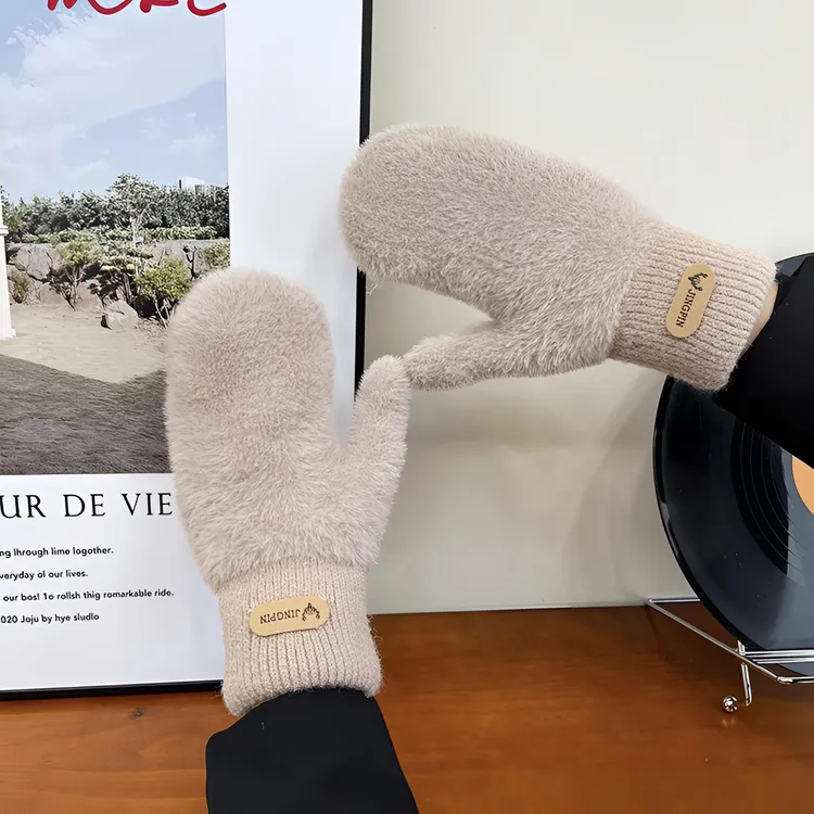 加绒加厚保暖全指手套毛绒棉手套女冬季可爱学生骑车韩版针织触屏