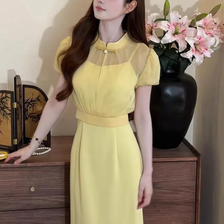 615#新中式网纱泡泡袖系带小衫+无袖吊带连衣裙两件套