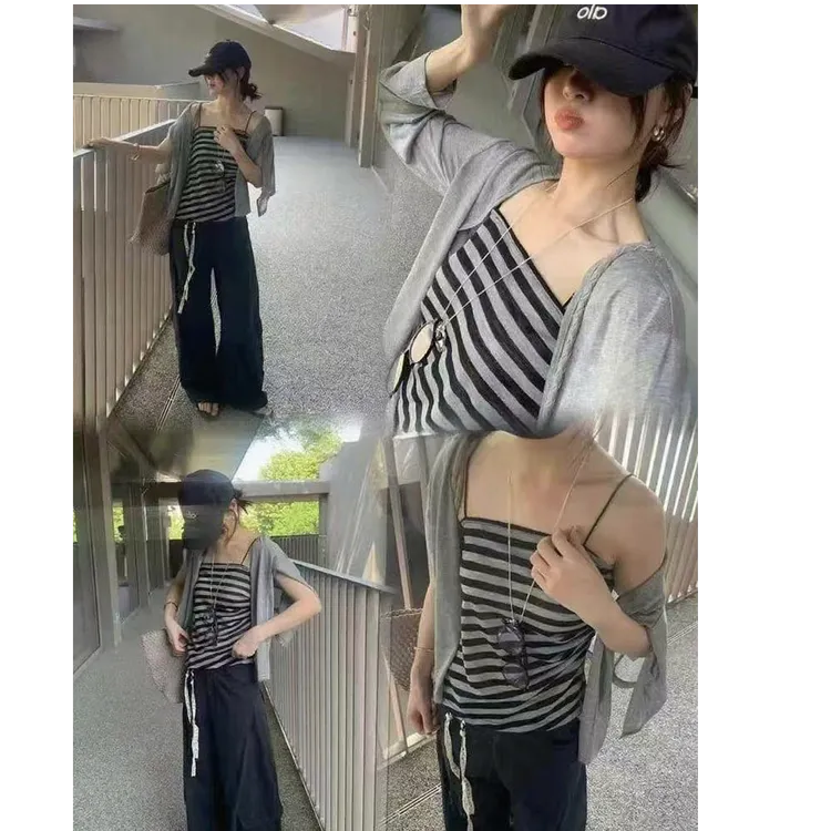 夏季新款INS风休闲风开衫条纹背心两件套时尚套装纯欲辣妹风