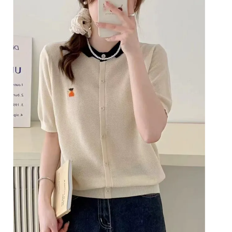 【专属】莱赛尔天丝~法式刺绣小蜜蜂短袖针织衫女2025夏季气质上衣