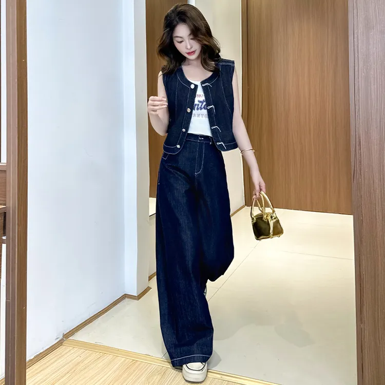 欧货甜酷辣妹牛仔套装女2025新款洋气夏季无袖上衣阔腿裤三件套