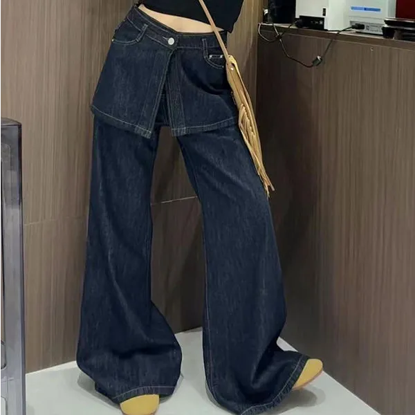 假两件深蓝色屁帘牛仔裤女2025秋季新款高腰显瘦设计感喇叭长裤子