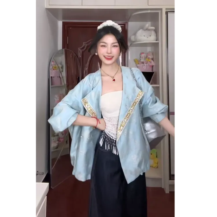 2025秋季新中式织金丝国风外套女高级感蕾丝抹胸背心阔腿裤三件套