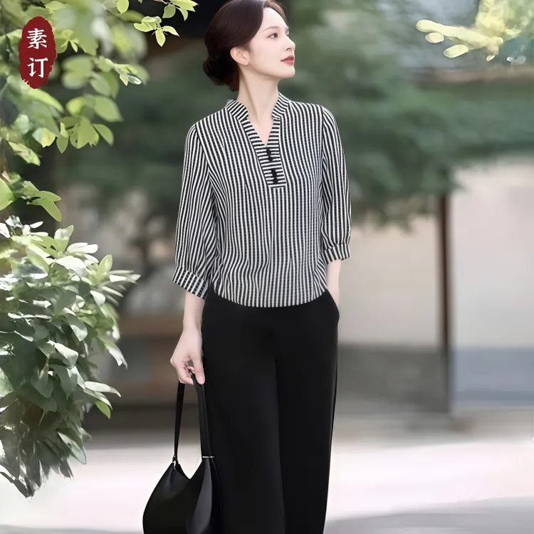 素订女装原创品牌新款七分袖条纹衬衫松紧腰直筒裤两件套2025秋季