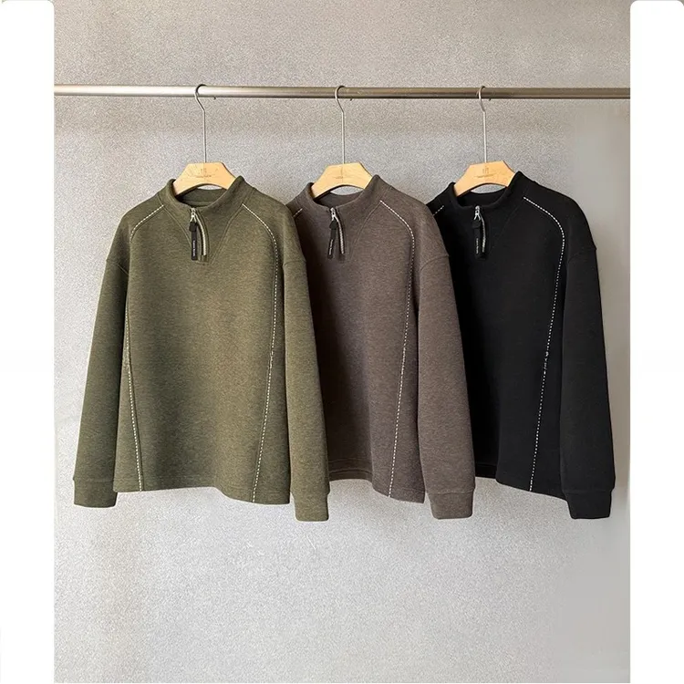 【冬季桑磨毛加厚明线半拉链立领卫衣】设计感男士纯色加绒立领卫衣