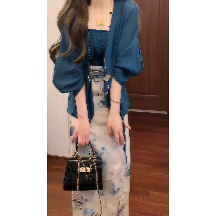 新中式国风唐装禅意改良汉元素抹胸半身裙开衫三件套汉服套装9118