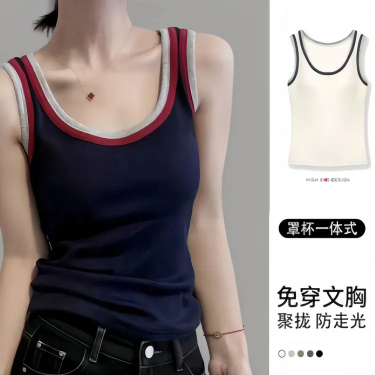 【带胸垫】2025新款撞色拼接吊带背心女士韩版时尚修身百搭外穿上衣