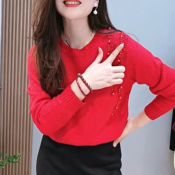 圆领钉珠宽松版针织衫