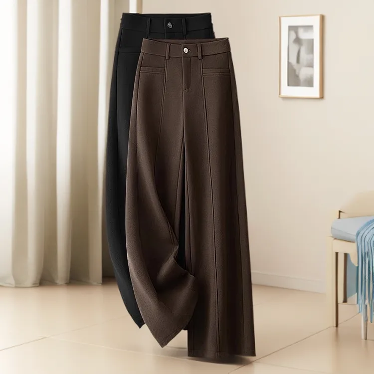 毛呢阔腿裤女秋冬加厚高腰美拉德咖色女裤子垂感显瘦窄版直筒长裤