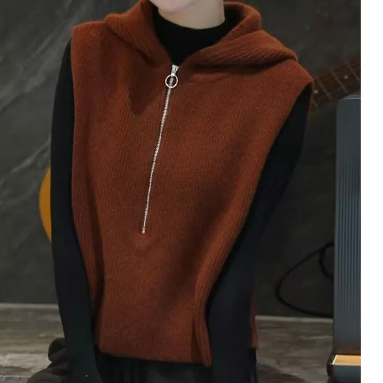 【松弛感】欧货高端纯色无袖针织马甲2025秋季连帽设计感马夹上衣女