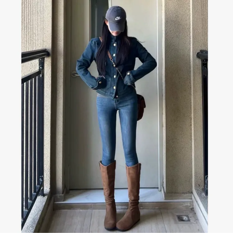 【浅浅专属】3331冬季新款韩系百搭小众加绒保暖牛仔两粒扣小脚裤