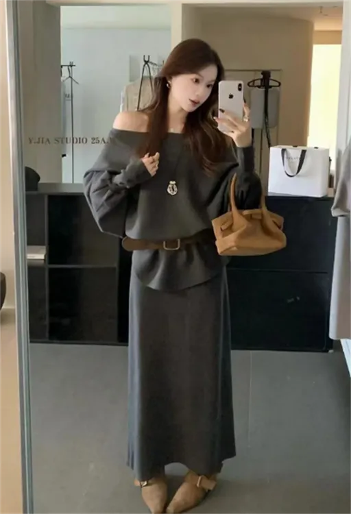 十三行针织上衣半身裙套装配腰带蝙蝠袖针织衫+半身裙两件套女