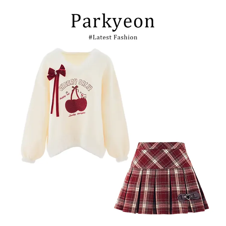 【同款性价比】圣诞氛围感冬季甜美学院风樱桃毛衣红色格纹短裙套装