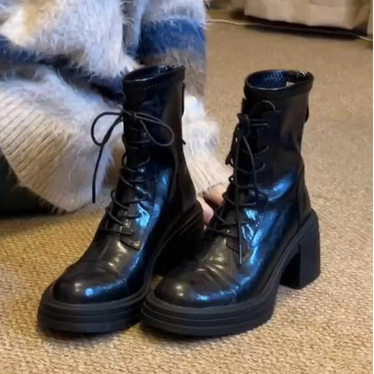 羊皮版~厚底高跟马丁靴女气质百搭真皮瘦瘦靴复古后拉链增高短靴