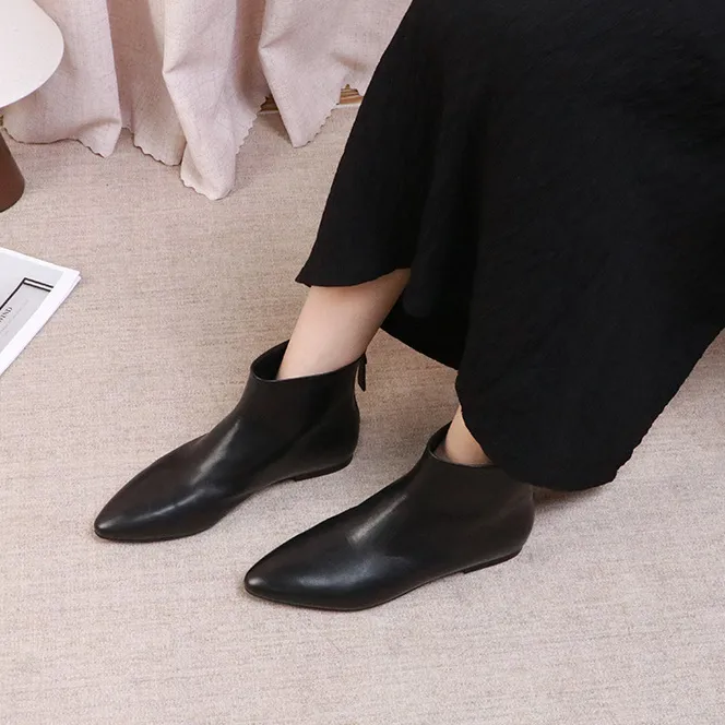 头层牛皮女靴2025秋冬新款尖头短靴后拉链真皮靴平底软皮单靴加绒