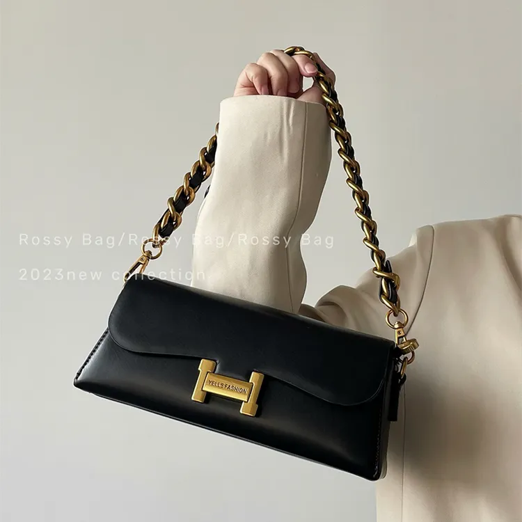 法国真皮黑金高级感链条腋下包 小众百搭简约纯色单肩斜挎包包