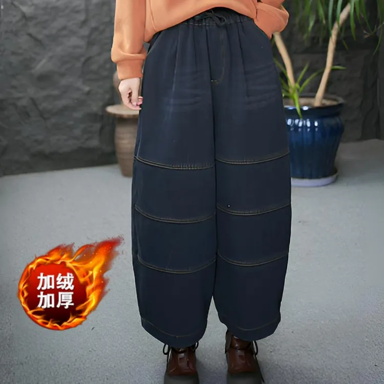 【加绒拼接牛仔裤】直筒裤极简风拼接冬季无弹牛仔裤文艺女装民族风