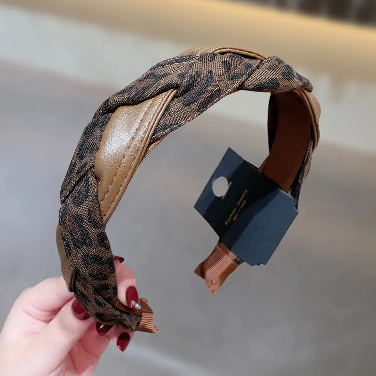 洋气宽发箍~法式复古豹纹麻花编织PU头箍气质高颅顶发卡时髦头饰