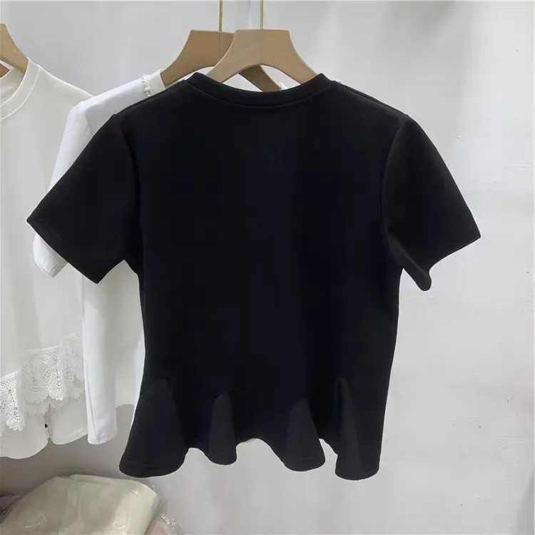 白色独特宽松短袖夏季聚酯棉气质钉珠荷叶边设计感女士T恤