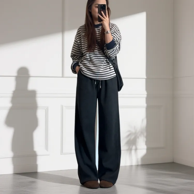 加绒直筒裤松紧腰百搭休闲裤显瘦秋冬宽松加厚垂感新款潮牌女装