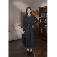 鹿向南【雅致书卷】V领假两件连衣裙女秋季新款通勤气质套装