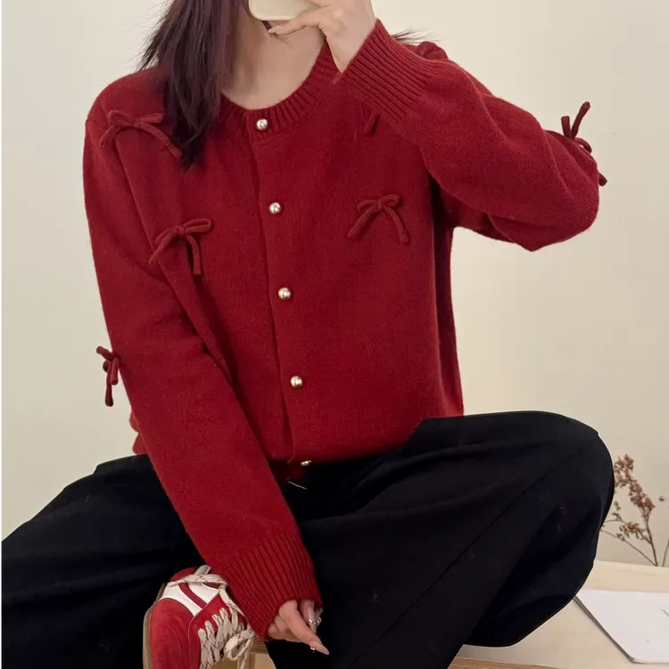 （在仓现现）795番外千金风常规小香风蝴蝶结显瘦百搭针织开衫女